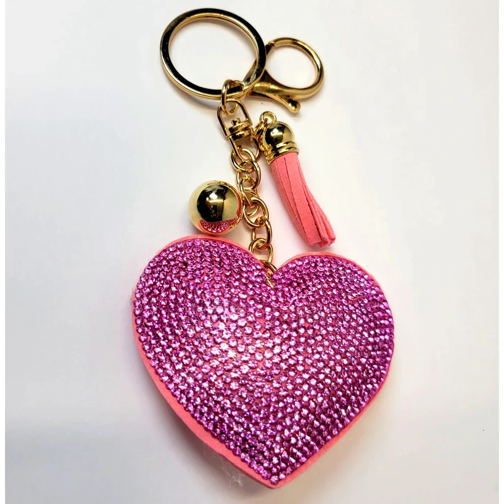 Heart‎ Rhinestone Bling Keychain Tassel Pink Tone Purse Bag Charm Gift Cute New
